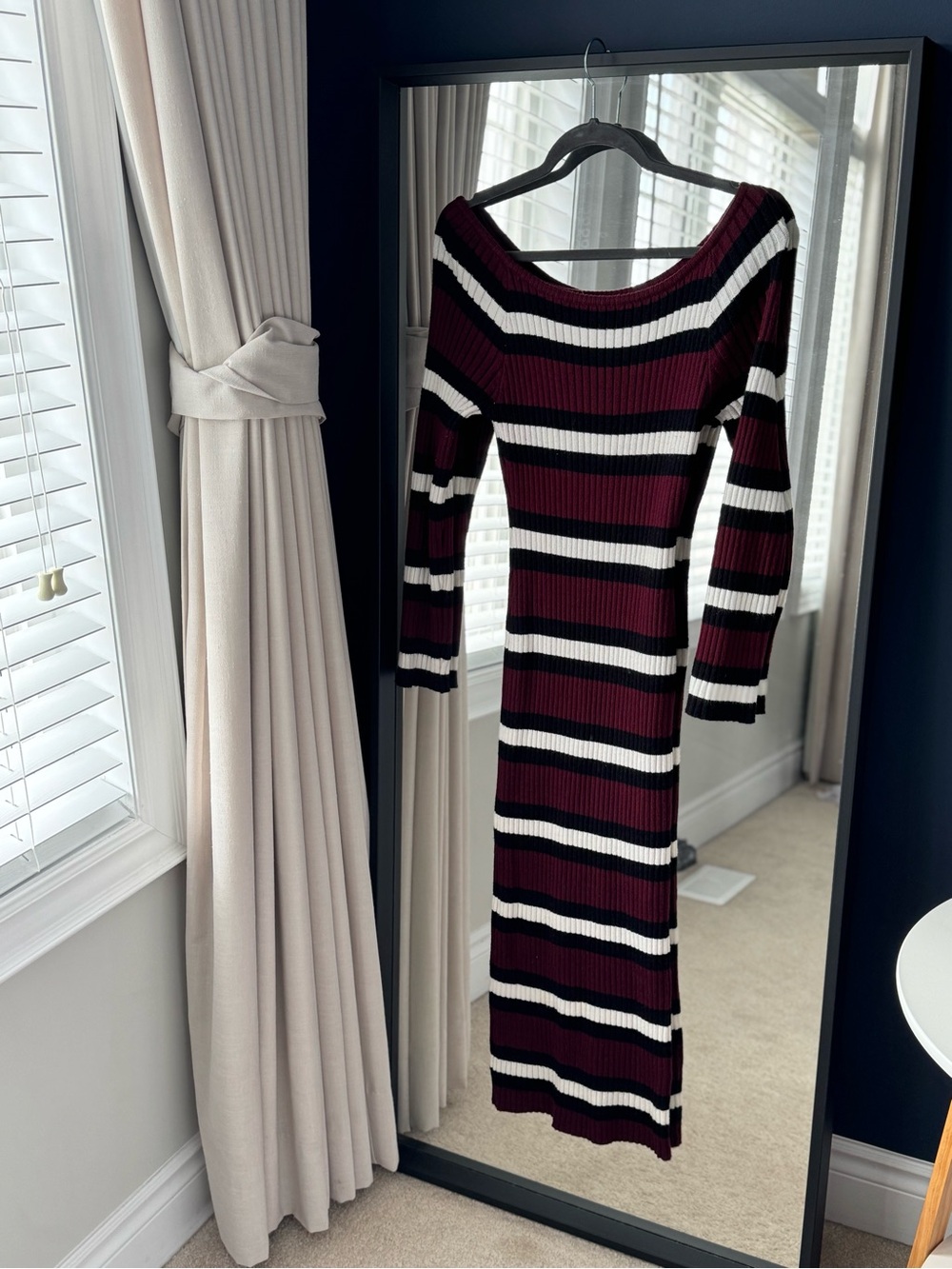 Striped Off-Shoulder Ribbed Bodycon Dress - Burgundy, Black & White